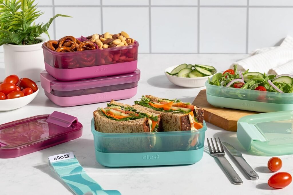 Ello 2-Pack Bento Box Lunch Stack Plastic Food Storage Container | Leak-Proof Locking Plastic Lids | Silicone Base | BPA-Free | Freezer Microwave and Dishwasher Safe | Mint Chip