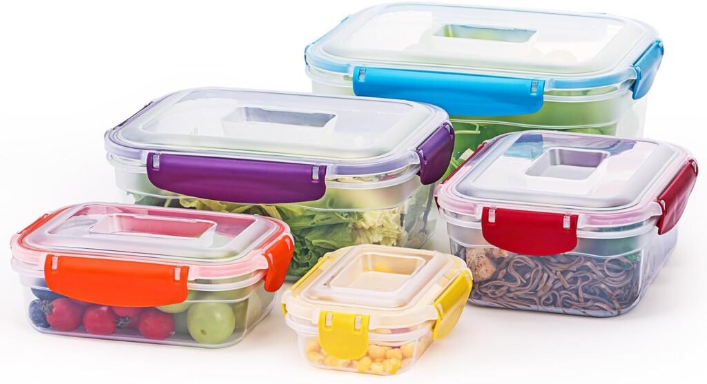 Moretoes 10pcs Plastic Containers with Lids for Food (5 Snap Lids5 Nestable Containers), Plastic Airtight Stackable Leakproof Freezer Storage Containers for Kitchen, Refrigerator Organization