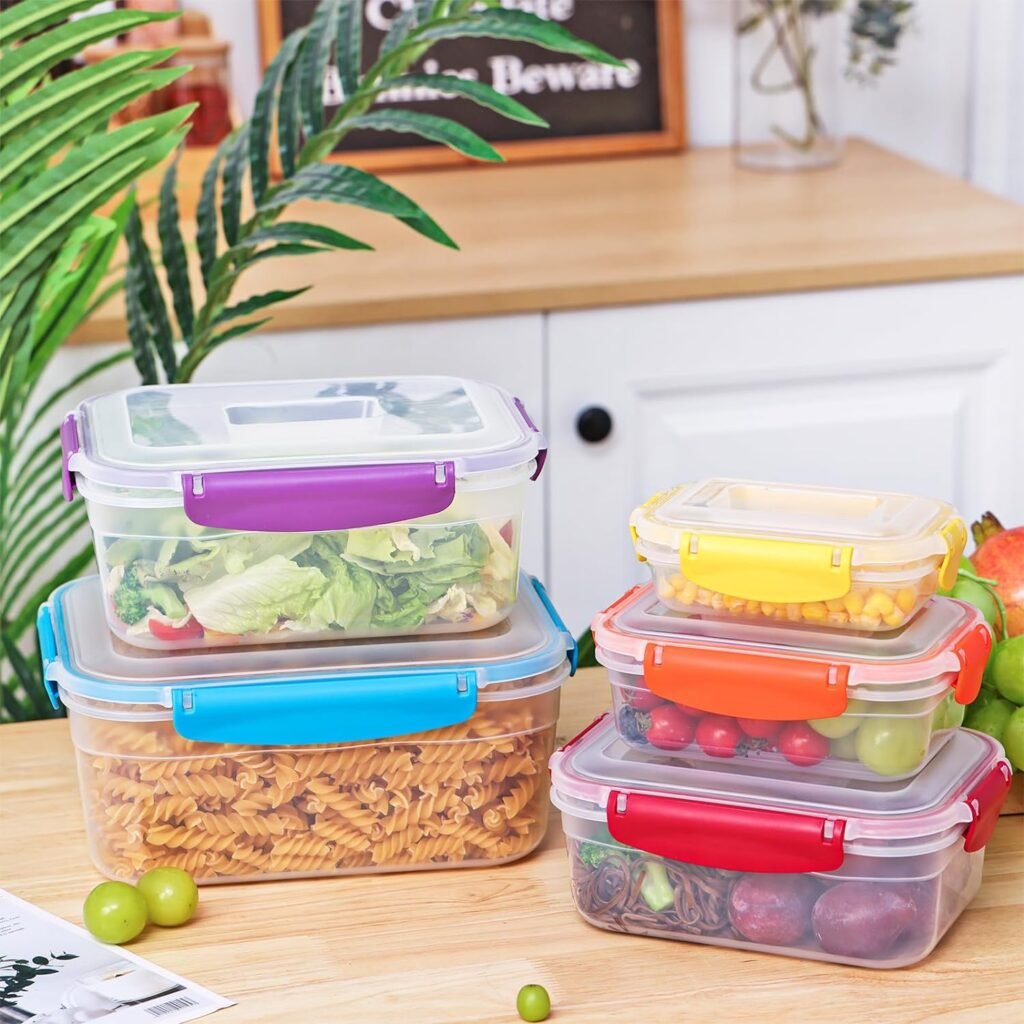 Moretoes 10pcs Plastic Containers with Lids for Food (5 Snap Lids5 Nestable Containers), Plastic Airtight Stackable Leakproof Freezer Storage Containers for Kitchen, Refrigerator Organization