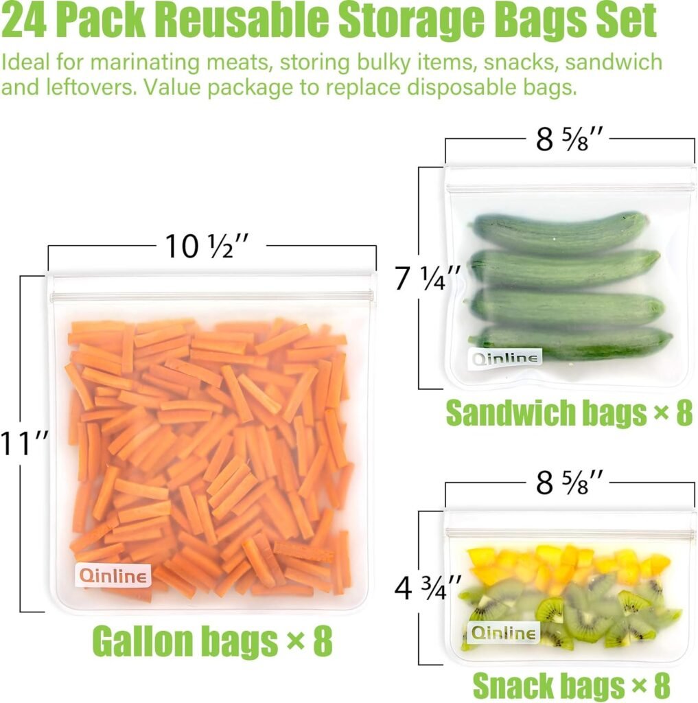 Qinline Reusable Food Storage Bags - 24 Pack Dishwasher Safe Freezer Bags, BPA Free Reusable Bags Silicone, Leakproof Reusable Lunch Bag for Salad Fruit Travel - 8 Gallon 8 Sandwich 8 Snack Bags