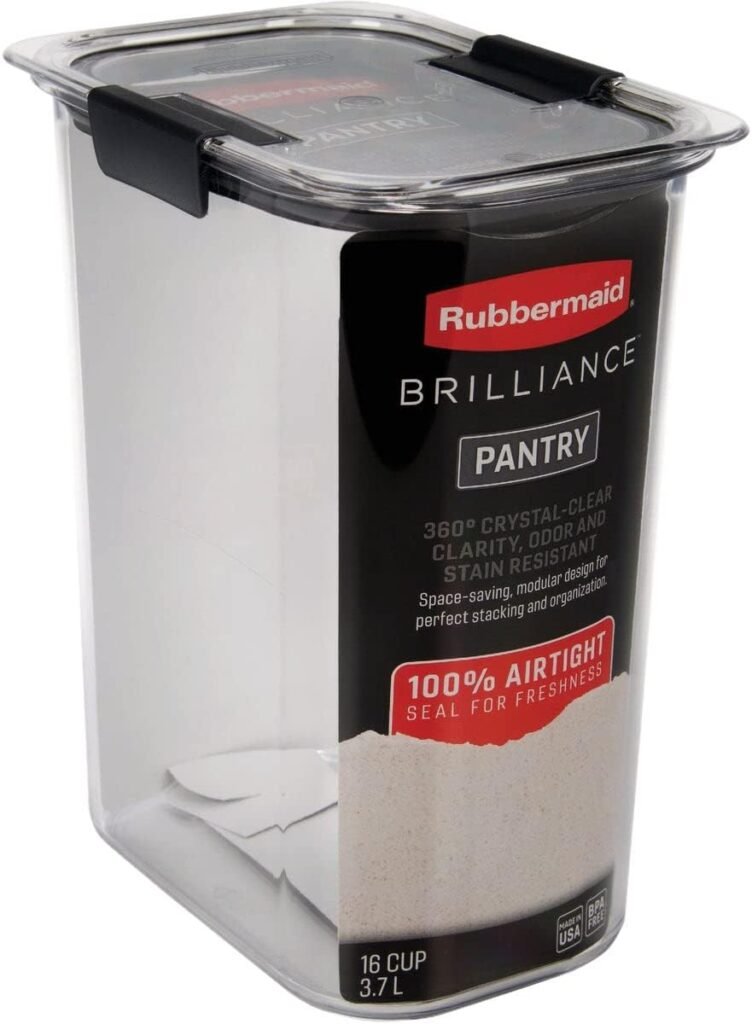 Rubbermaid Brilliance Airtight Food Storage Container for Pantry with Lid for Flour, Sugar, and Rice, 16-Cup, Clear/Grey
