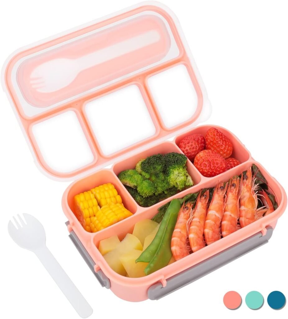 Vensp Bento Box,Bento Box Adult Lunch Box, Lunch Box Containers for Toddler/Kids/Adults, 1300ml-4 CompartmentsFork, Leak-Proof, Microwave/Dishwasher/Freezer Safe, Bpa-Free(Pink)