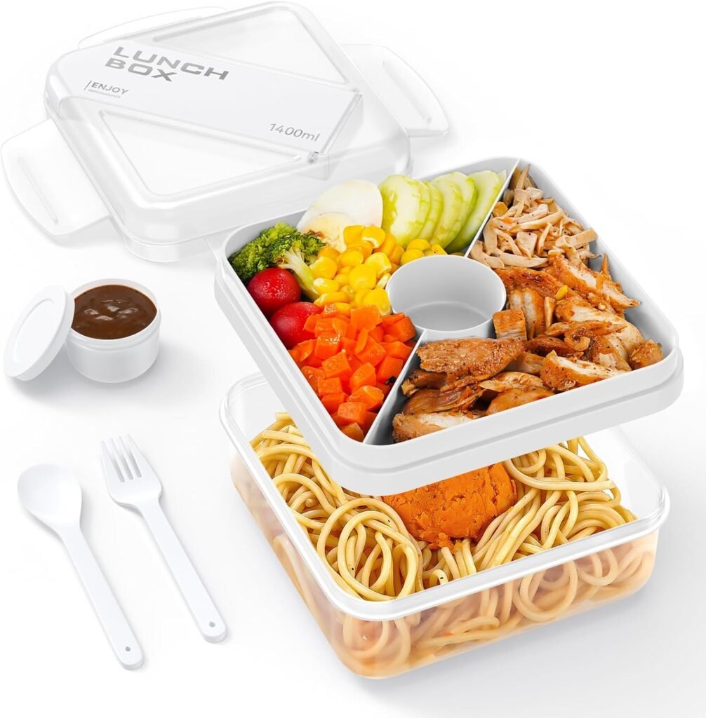 Bento Box, Salad Bento Lunch Box for Adults and Kids (48 oz), Bento Box with 2 floors and 2-compartments, BPA Free, Dishwasher Safe, Built-in Cutlery Set Spoon  Fork (White)