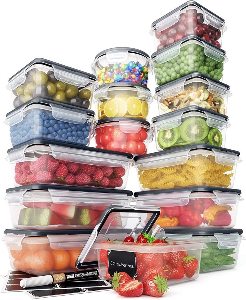 Chefs Path 32 Piece Food Storage Containers Set with Easy Snap Lids (16 Lids + 16 Containers) - Airtight Plastic Containers for Pantry  Kitchen Organization - BPA-Free with Free Labels  Marker