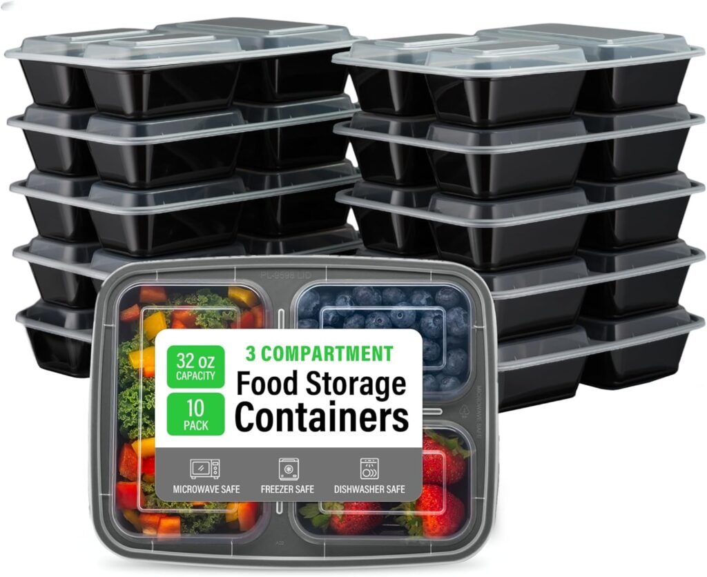 Ez Prepa 25 Pack 32oz 3 Compartment Meal Prep Containers with Lids -Food Storage Containers Plastic, Bento Box, Lunch Containers, Microwavable, Freezer and Dishwasher Safe, Food Containers