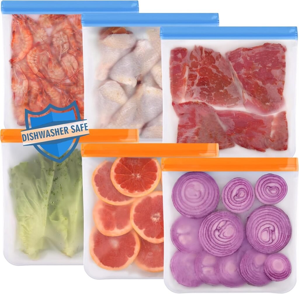Lerine Reusable Freezer Gallon Bags Dishwasher Safe, 6 Pack Reusable 1 Gallon Bags Silicone, Extra Thick BPA Free Reusable Food Storage Bags for Marinate Meats, Sandwich, Snack, Cereal, Travel Item