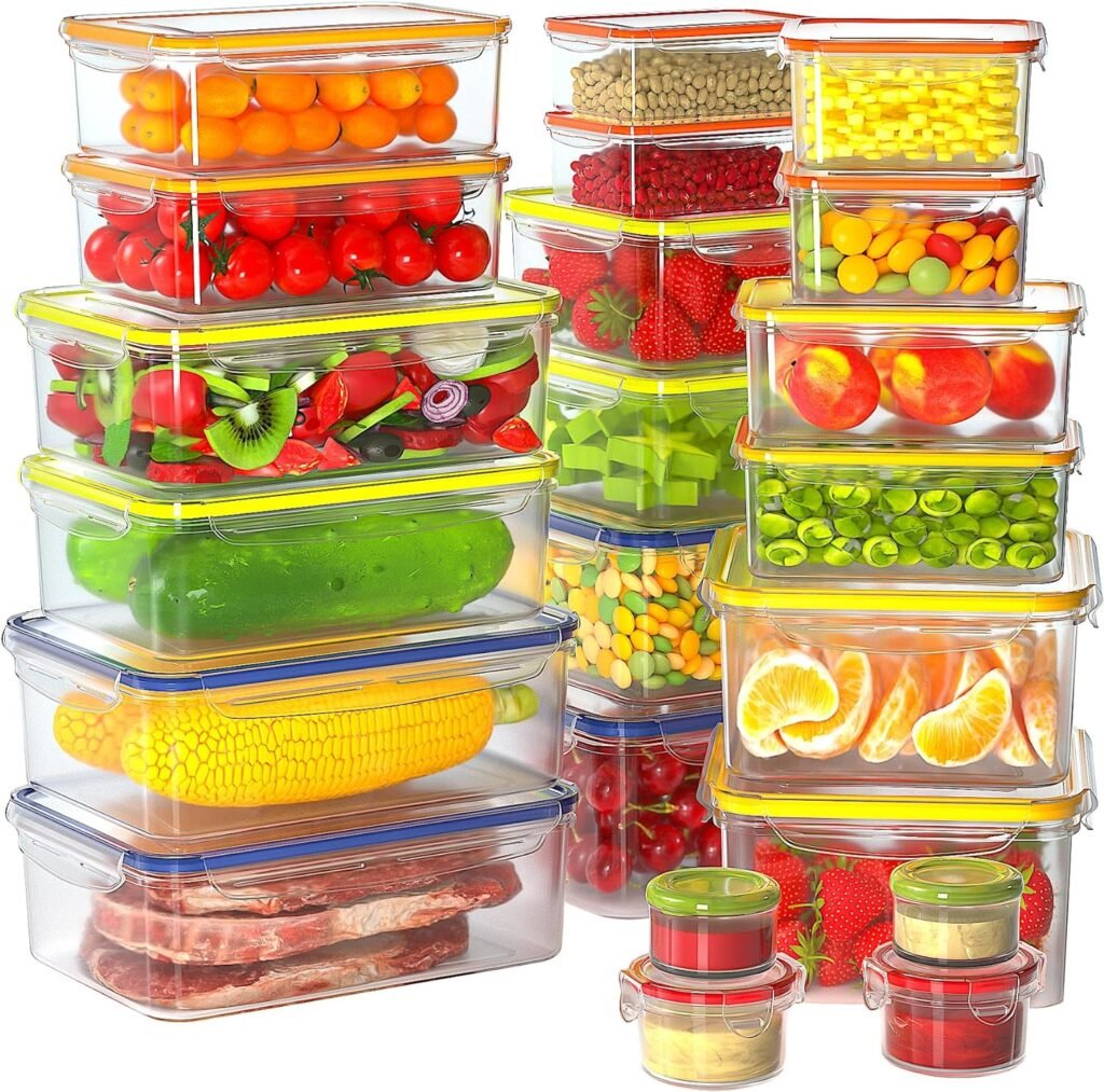 44 PCS Food Storage Containers with Lids Airtight, BPA Free Plastic Meal Prep Containers Reusable, Microwave/Freezer/Dishwasher Safe Clear Leakproof Fruit Vegetables Containers for Kitchen