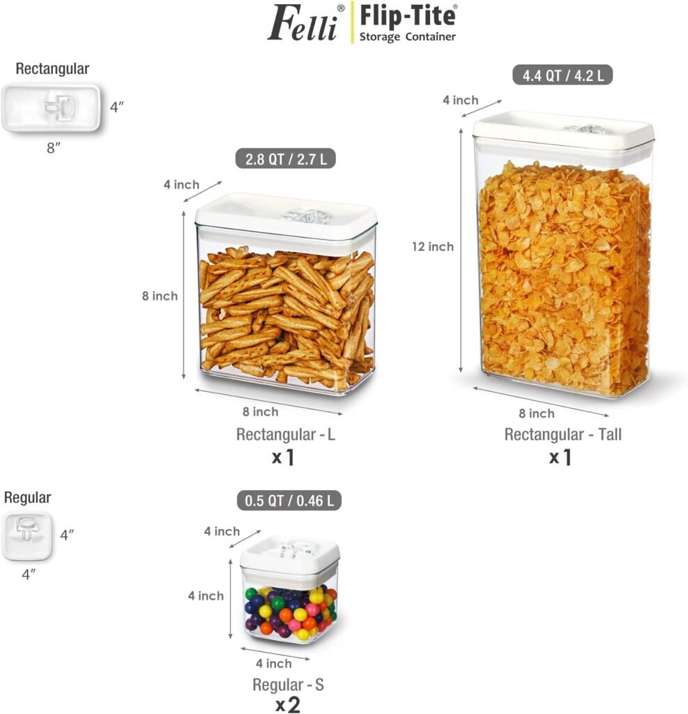 Felli Flip Tite Food Storage Container with Lid Air Tight 5” LARGE-M Lock Top Stackable Acrylic Canister Set for the Kitchen Pantry Clear Jar Organizing Sugar Flour Powder Protein Organizer (1.8 qt)