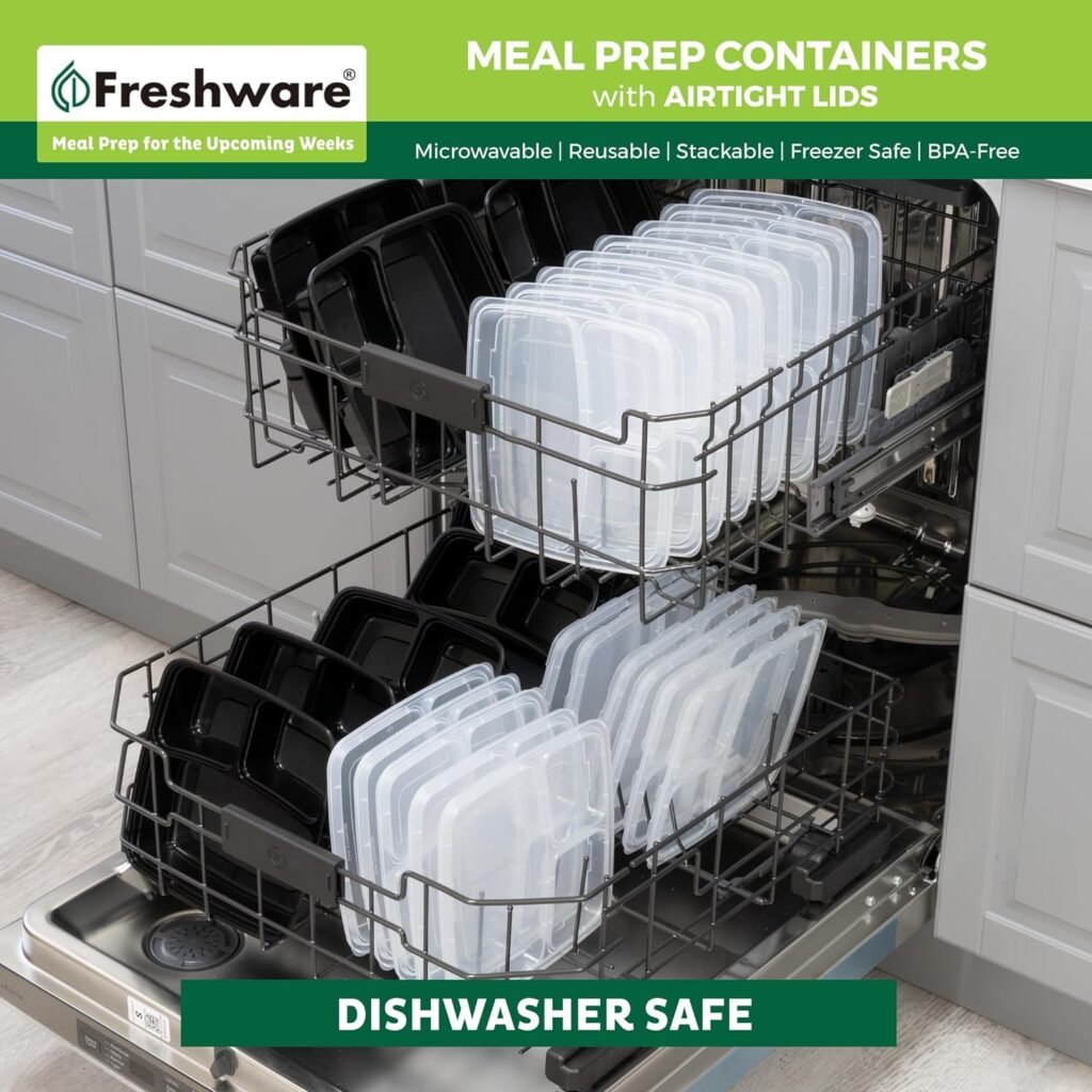 Freshware Meal Prep Containers [21 Pack] 3 Compartment with Lids, Food Storage Containers, Bento Box, BPA Free, Stackable, Microwave/Dishwasher/Freezer Safe (24 oz)