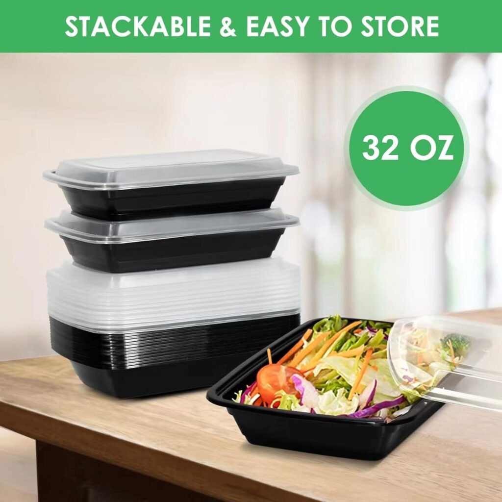 Meal Prep Containers, 32oz Extra-thick Food Storage Containers with Lids, Reusable Plastic Bento Lunch Box, Disposable Bento Box, BPA Free, Microwave/Dishwasher/Freezer Safe