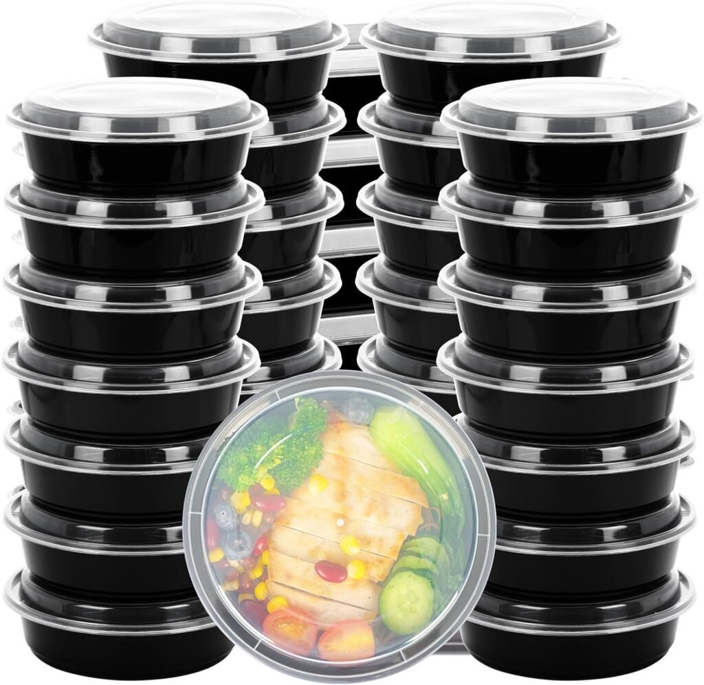 Moretoes 30 Pack 24oz Plastic Food Storage Containers with Lids, Disposable Meal Prep Containers Lunch Boxes Dishwasher Freezer Microwave Safe (Black)