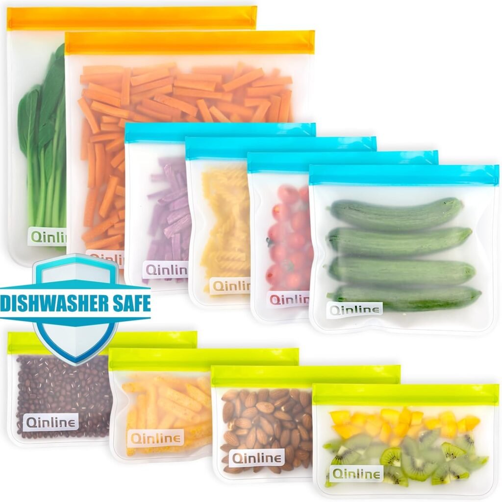 Qinline Reusable Food Storage Bags - 10 Pack Dishwasher Safe Freezer Bags, BPA Free Reusable Bags Silicone, Leakproof Reusable Lunch Bag for Salad Fruit Travel - 2 Gallon 4 Sandwich 4 Snack Bags