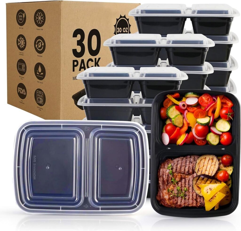 vivigu Meal Prep Containers Reusable 30 Pack - 2 Compartment food storage containers with lids, To Go Food Containers BPA-Free, To Go Containers With Lids Microwave, Dishwasher, Freezer Safe 30 oz