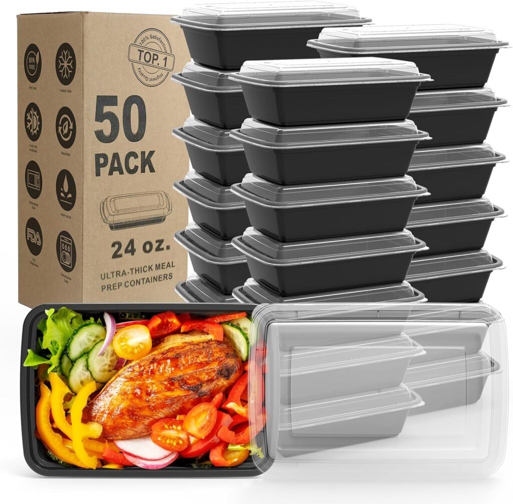 WGCC Meal Prep Containers, 50 Pack Extra-thick Food Storage Containers with Lids, Disposable  Reusable Plastic Bento Lunch Box, BPA Free, Stackable, Microwave/Dishwasher/Freezer Safe (24 oz)