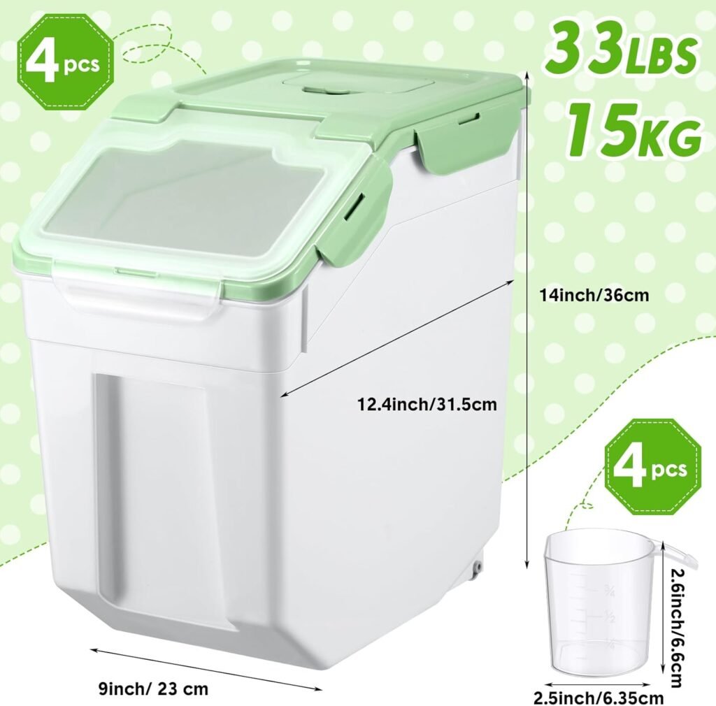 4 Pack Flour Rice Storage Container Ingredient Storage Bin Food Storage Container Set with Locking Lid PET Dog Cat Dry Food Bin Airtight Plastic Cereal Grain Box with Measuring Cup for Kitchen