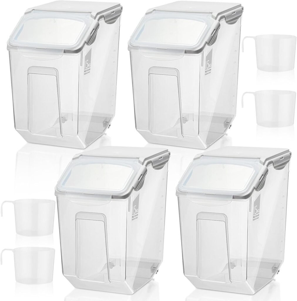 4 Pack Rice Storage Container Flour Storage Bin with Wheels White Plastic Airtight Lid Food Storage Boxes for Dog Pet Food Cereal Grain Dry Food (15 Liter / 30 lbs)