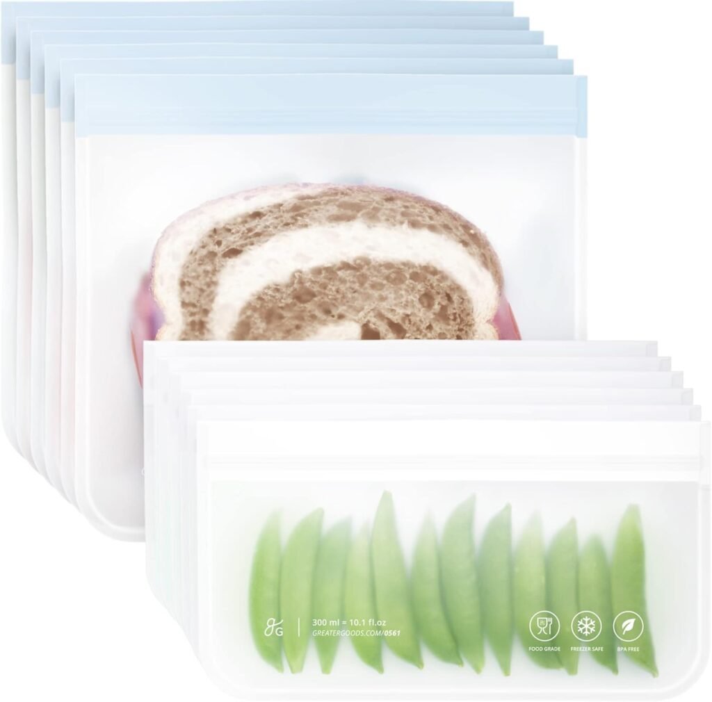 Greater Goods Reusable Food Storage Bags - BPA Free, Food Grade Ziplock Freezer Bags Made from PEVA (6 Small + 6 Medium)