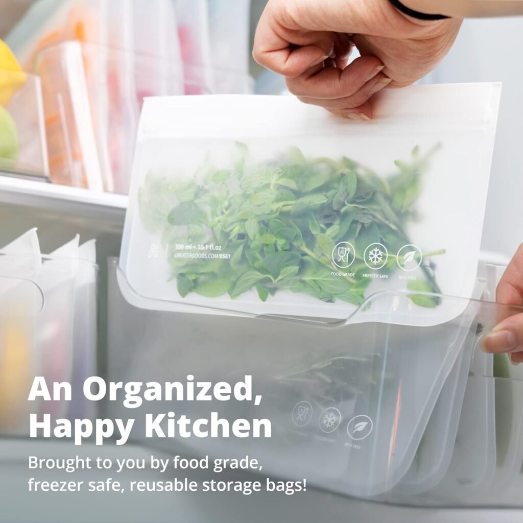 Greater Goods Reusable Food Storage Bags - BPA Free, Food Grade Ziplock Freezer Bags Made from PEVA (6 Small + 6 Medium)