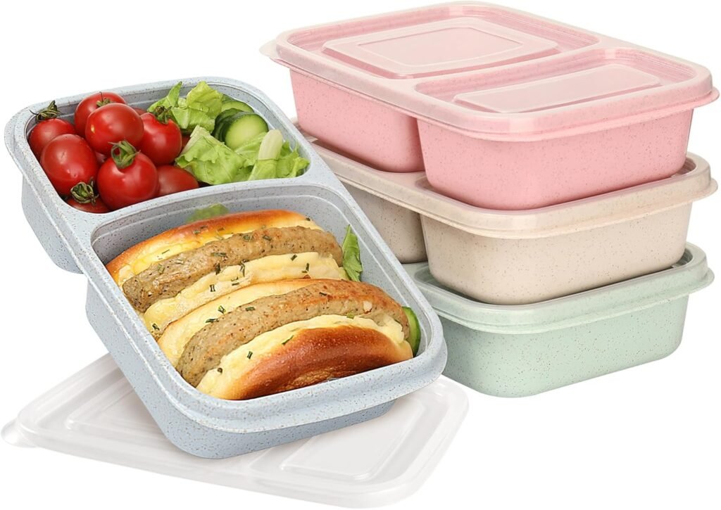 4 Pack Bento Lunch Box for Kids Adults, 2 Compartments Lunch Containers, Reusable Meal Prep Containers with Lids, Microwave  Dishwasher Safe, Divided Food Prep Containers for Travel, School ＆ Work