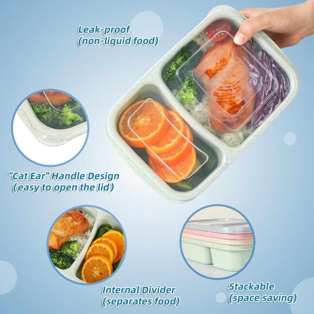 4 Pack Bento Lunch Box for Kids Adults, 2 Compartments Lunch Containers, Reusable Meal Prep Containers with Lids, Microwave  Dishwasher Safe, Divided Food Prep Containers for Travel, School ＆ Work