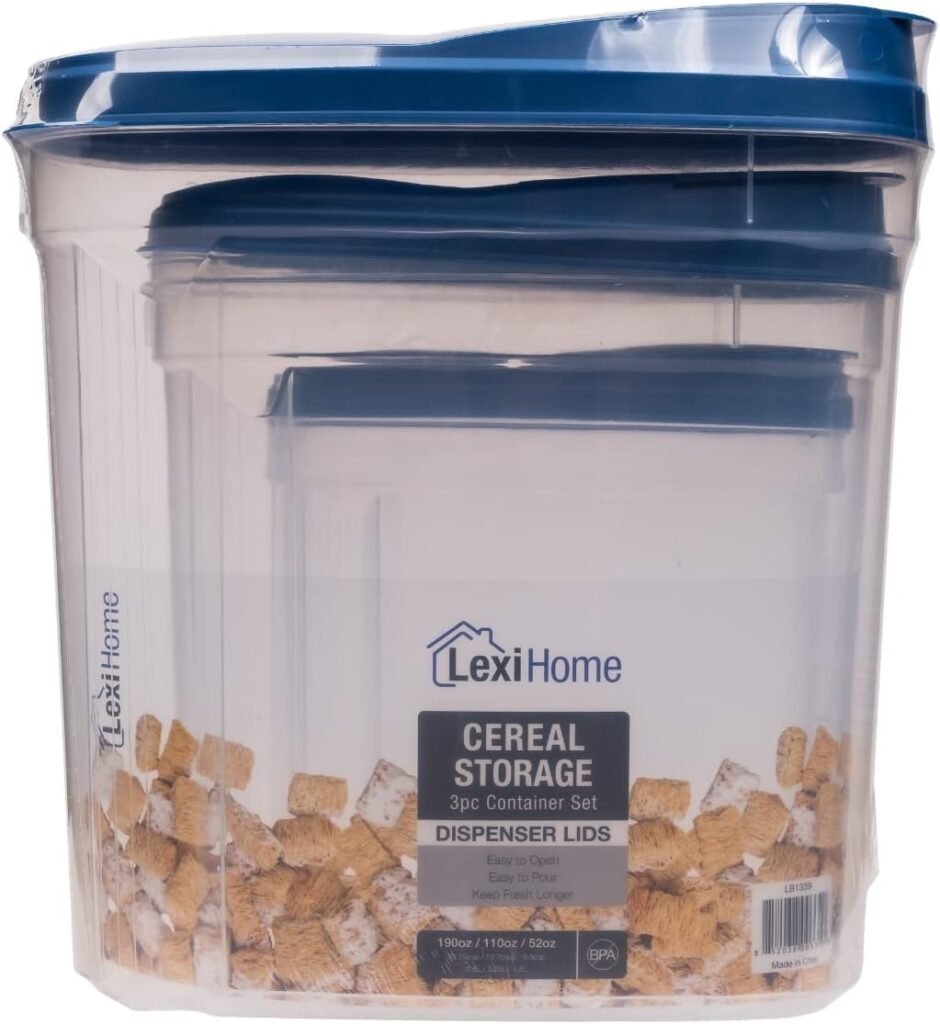 Imperial Home Cereal Dispenser 3 Piece Set, Airtight Plastic Food Storage Containers with Lids, Pantry Organization for Cereal, Flour, Sugar, Any Snack, Keeps Food Dry  Fresh, Clear with Blue Lids