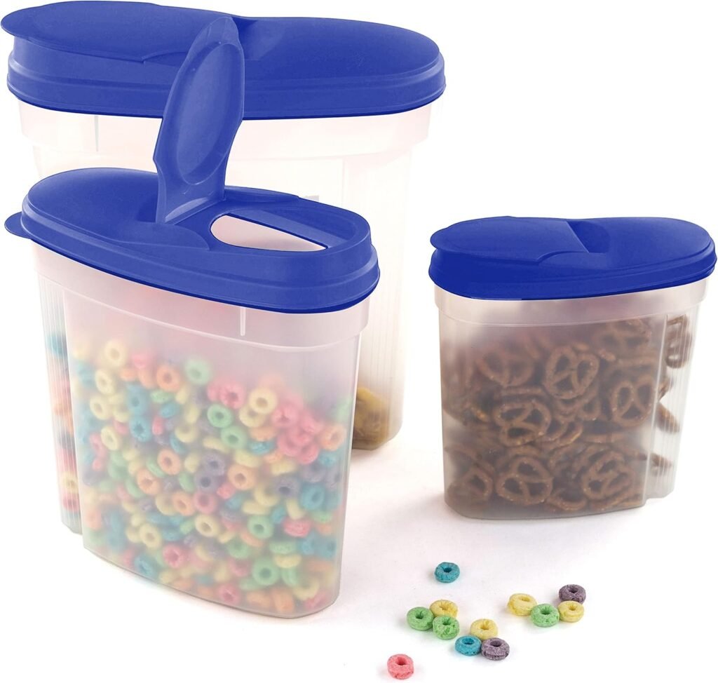 Imperial Home Cereal Dispenser 3 Piece Set, Airtight Plastic Food Storage Containers with Lids, Pantry Organization for Cereal, Flour, Sugar, Any Snack, Keeps Food Dry  Fresh, Clear with Blue Lids