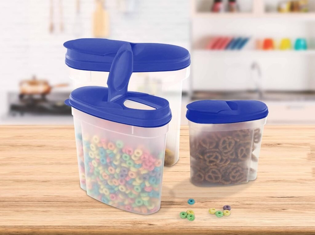 Imperial Home Cereal Dispenser 3 Piece Set, Airtight Plastic Food Storage Containers with Lids, Pantry Organization for Cereal, Flour, Sugar, Any Snack, Keeps Food Dry  Fresh, Clear with Blue Lids