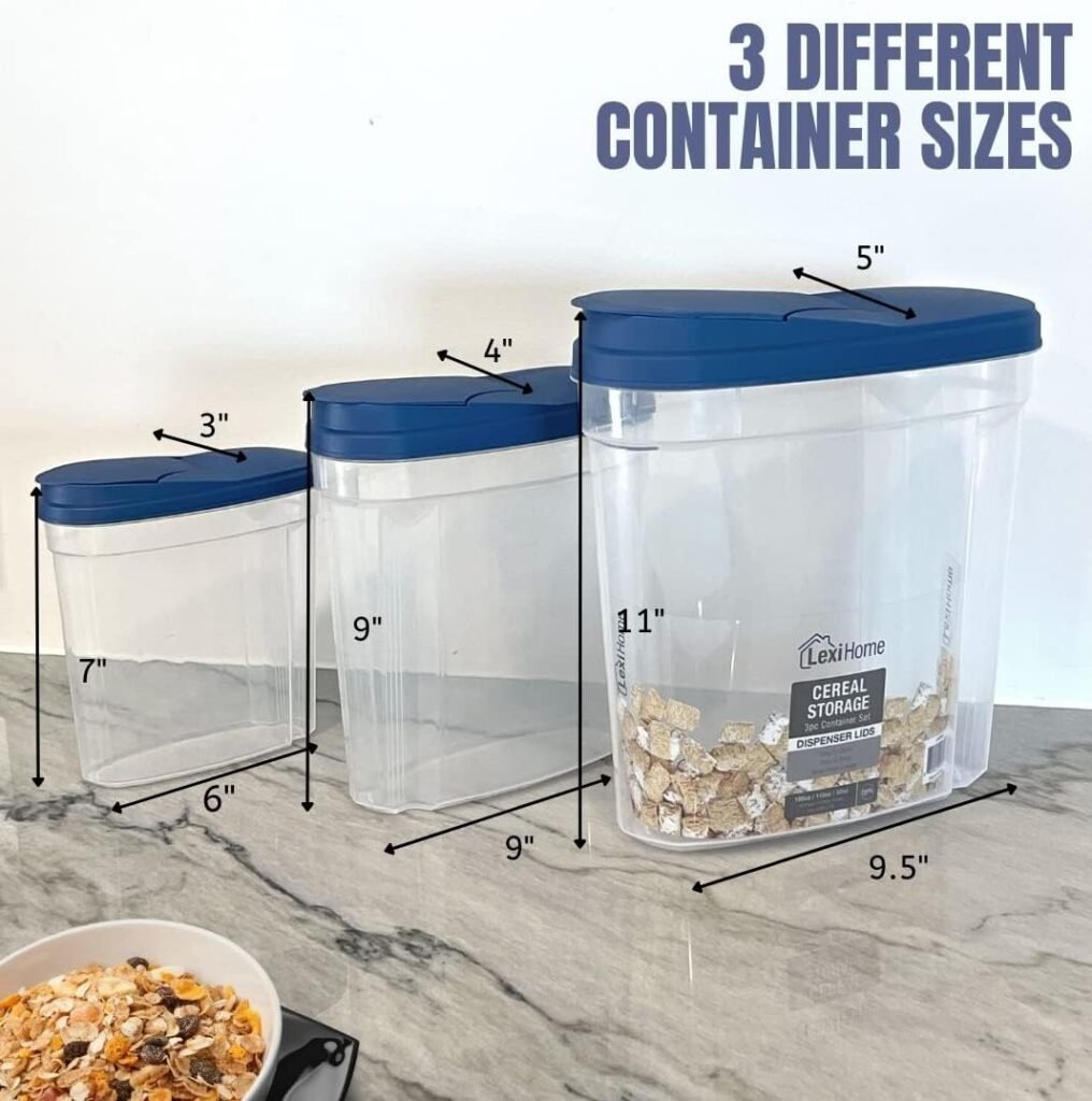 Imperial Home Cereal Dispenser 3 Piece Set, Airtight Plastic Food Storage Containers with Lids, Pantry Organization for Cereal, Flour, Sugar, Any Snack, Keeps Food Dry  Fresh, Clear with Blue Lids