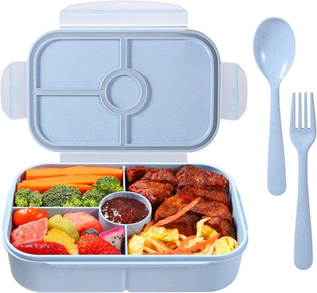 Jeopace Bento Box for Kids Lunch Containers with 4 Compartments Kids Bento Lunch Box Microwave/Freezer/Dishwasher Safe (Flatware Included,Light Blue)